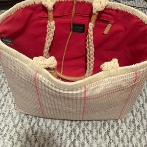 Ralph Lauren Woven Wicker Straw Leather Plaid Tartan Large Tote Bag